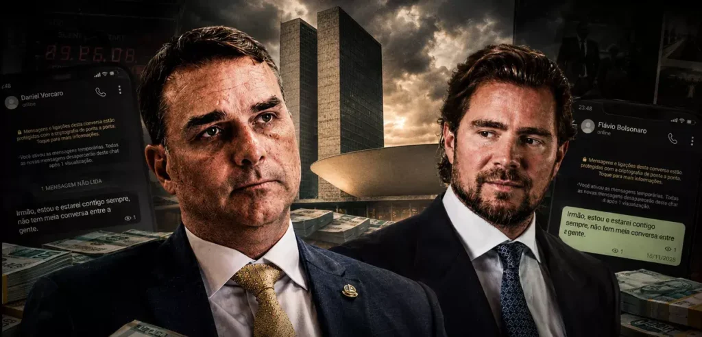 O Intercept Brasil divulgou mensagens, documentos e áudios que, segundo a reportagem, mostram negociações entre Flávio Bolsonaro e o banqueiro Daniel Vorcaro para financiar o filme “Dark Horse”, sobre Jair Bolsonaro.